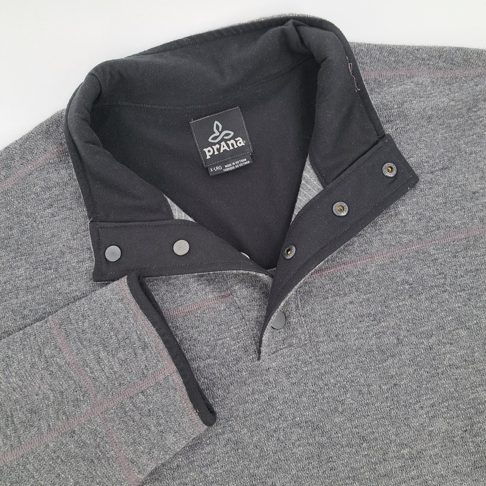 Prana Mens XL Gray Snap Mock Neck Pullover Fleece Lined Sweater Hiking Gorpcore